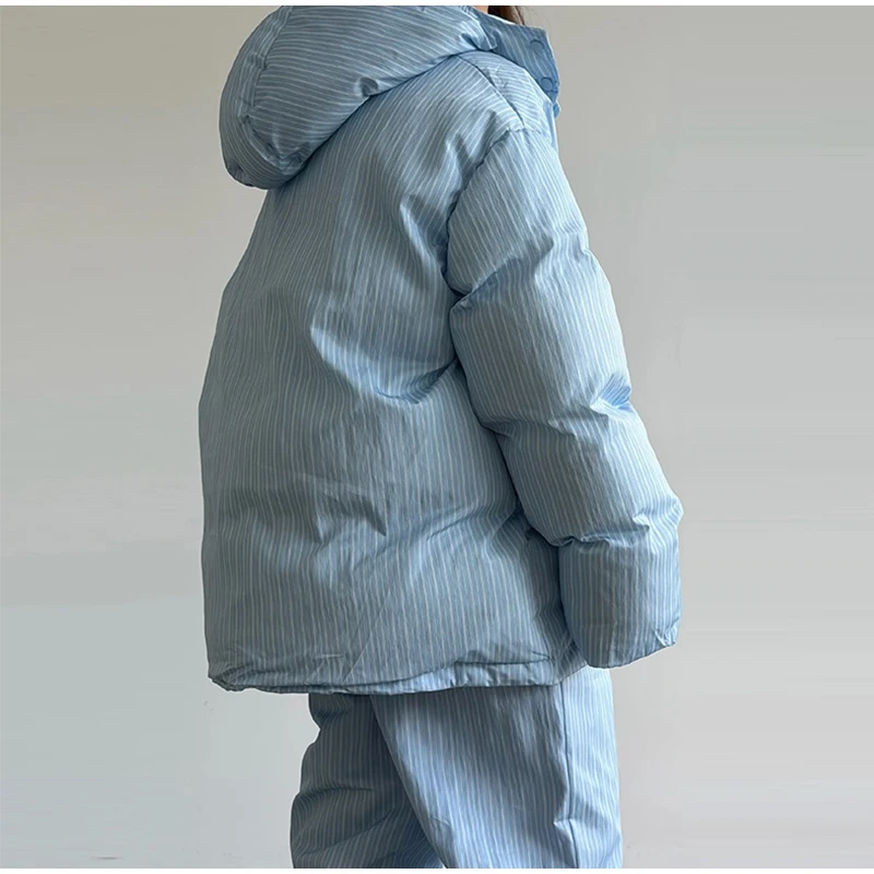 Women Vertical Stripe Puffer 2 Piece Set Hooded Zip‑Up Padded Jacket Elastic Waist Long Pants 2026 Winter Warm Cotton Streetwear