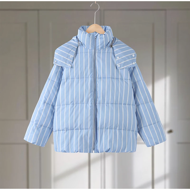 Women Vertical Stripe Puffer 2 Piece Set Hooded Zip‑Up Padded Jacket Elastic Waist Long Pants 2026 Winter Warm Cotton Streetwear