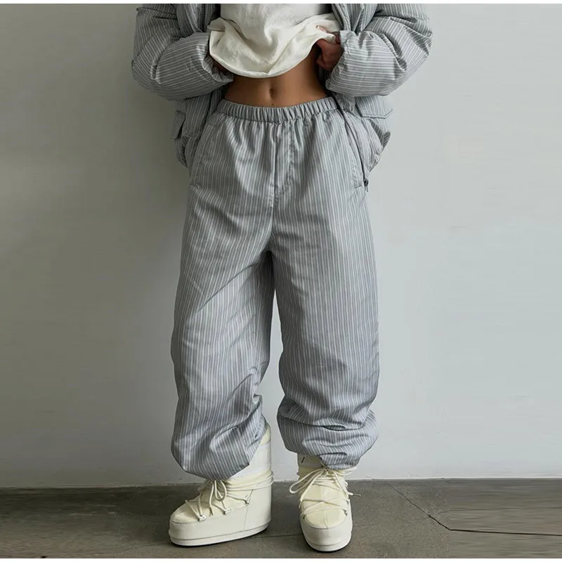 Women Vertical Stripe Puffer 2 Piece Set Hooded Zip‑Up Padded Jacket Elastic Waist Long Pants 2026 Winter Warm Cotton Streetwear