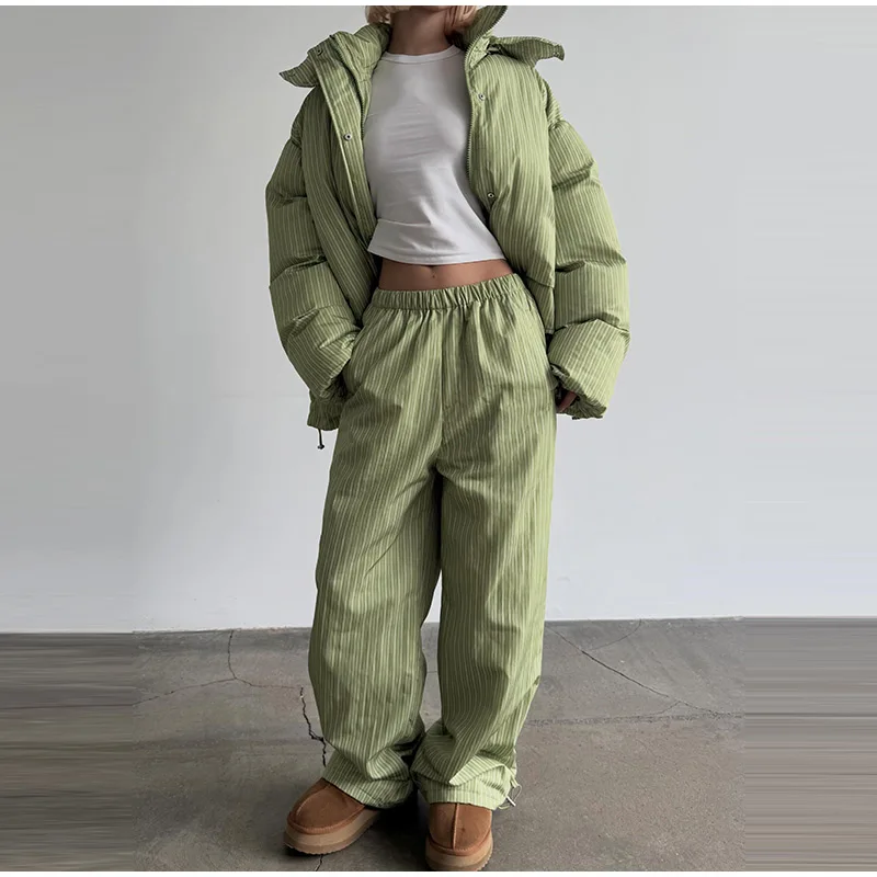 Women Vertical Stripe Puffer 2 Piece Set Hooded Zip‑Up Padded Jacket Elastic Waist Long Pants 2026 Winter Warm Cotton Streetwear