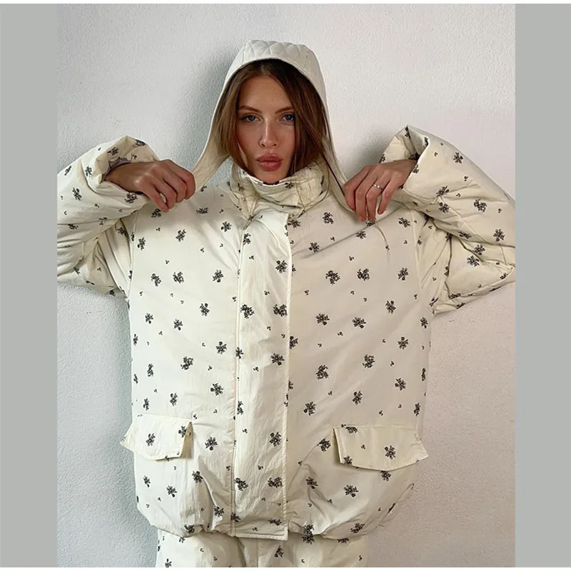 Women Vertical Stripe Puffer 2 Piece Set Hooded Zip‑Up Padded Jacket Elastic Waist Long Pants 2026 Winter Warm Cotton Streetwear