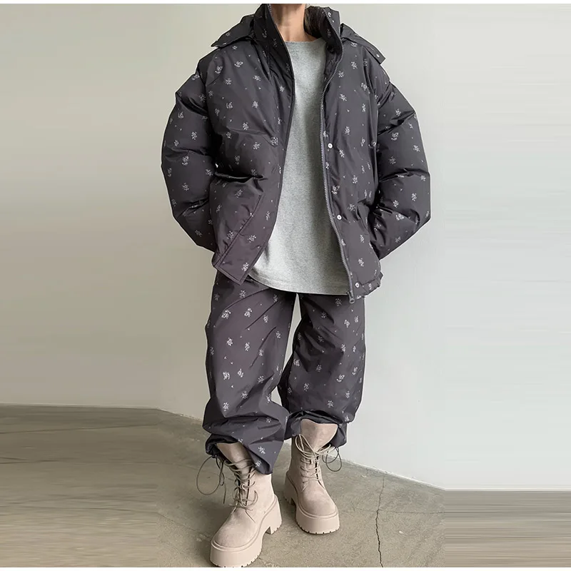 Women Vertical Stripe Puffer 2 Piece Set Hooded Zip‑Up Padded Jacket Elastic Waist Long Pants 2026 Winter Warm Cotton Streetwear