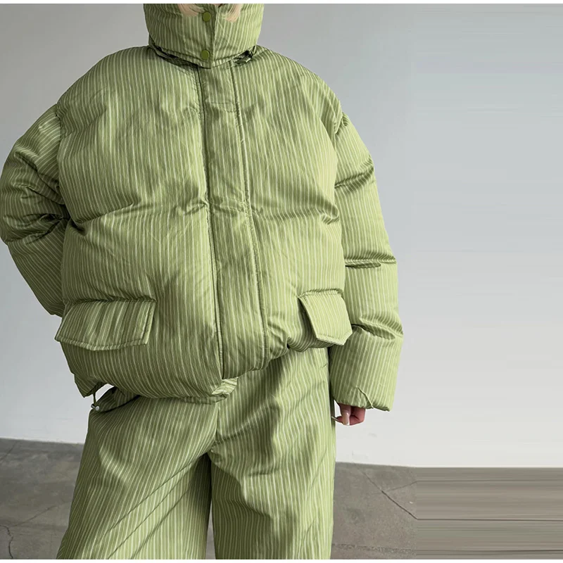 Women Vertical Stripe Puffer 2 Piece Set Hooded Zip‑Up Padded Jacket Elastic Waist Long Pants 2026 Winter Warm Cotton Streetwear