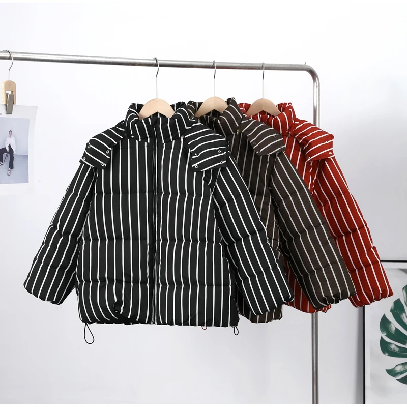 Women Vertical Stripe Puffer 2 Piece Set Hooded Zip‑Up Padded Jacket Elastic Waist Long Pants 2026 Winter Warm Cotton Streetwear