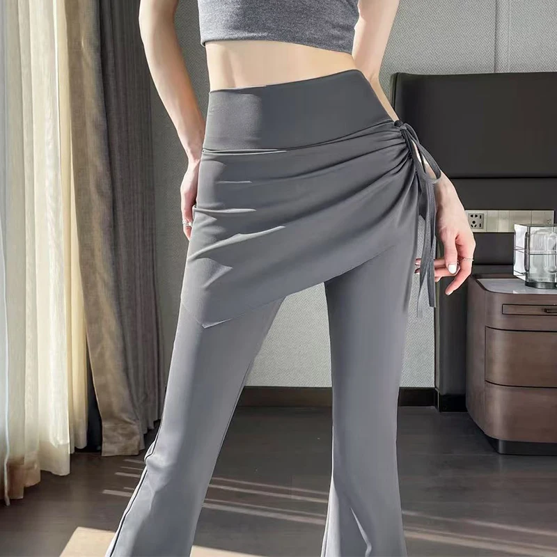 Korean Fake Two Piece Skirt Pants Women 2025 High Waist Elastic Yoga Dance Pants Woman Solid Drawstring Flares Trousers Female