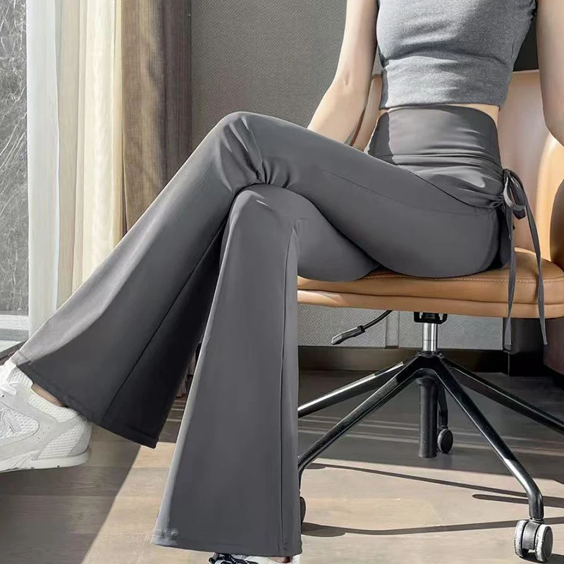 Korean Fake Two Piece Skirt Pants Women 2025 High Waist Elastic Yoga Dance Pants Woman Solid Drawstring Flares Trousers Female