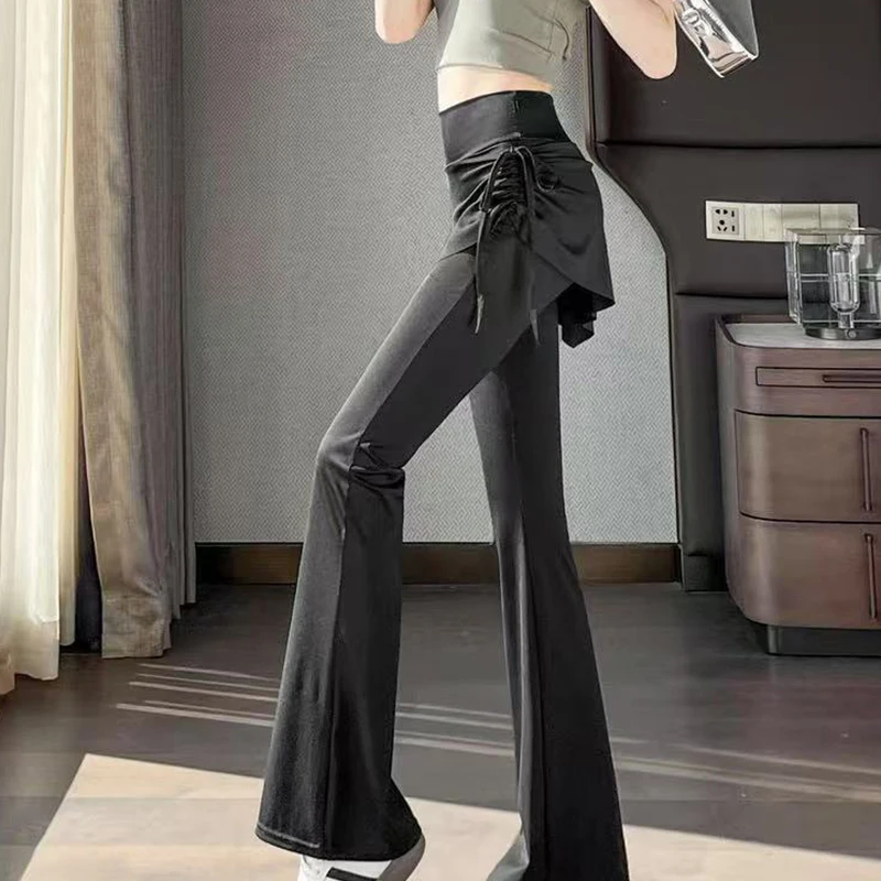 Korean Fake Two Piece Skirt Pants Women 2025 High Waist Elastic Yoga Dance Pants Woman Solid Drawstring Flares Trousers Female