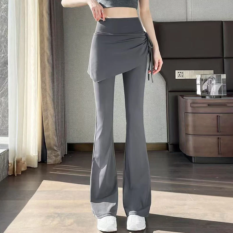 Korean Fake Two Piece Skirt Pants Women 2025 High Waist Elastic Yoga Dance Pants Woman Solid Drawstring Flares Trousers Female