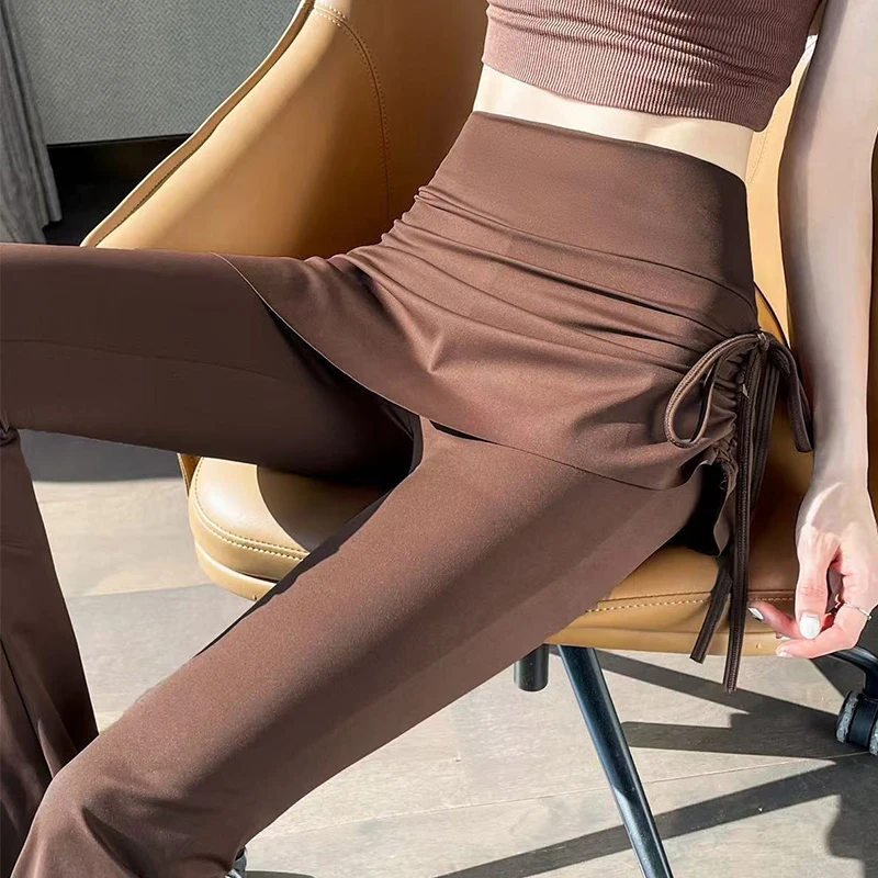 Korean Fake Two Piece Skirt Pants Women 2025 High Waist Elastic Yoga Dance Pants Woman Solid Drawstring Flares Trousers Female