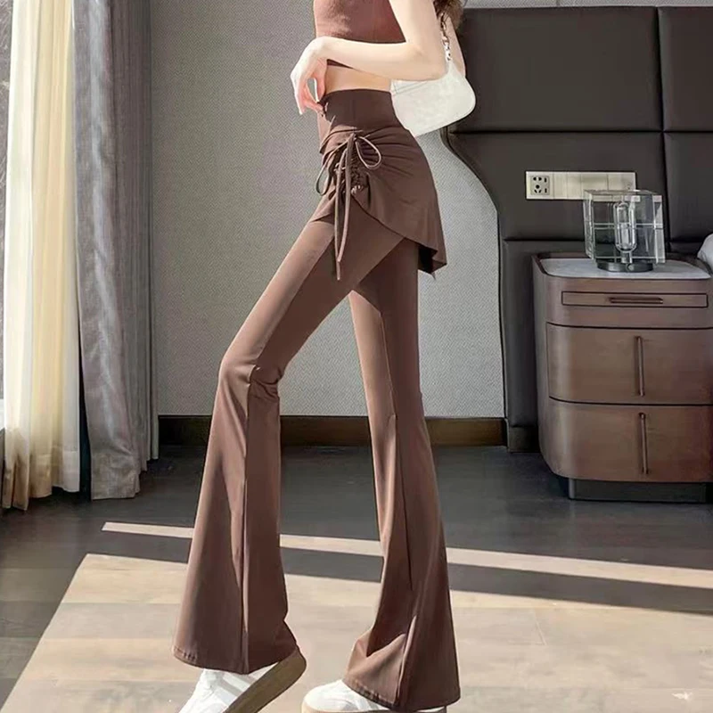 Korean Fake Two Piece Skirt Pants Women 2025 High Waist Elastic Yoga Dance Pants Woman Solid Drawstring Flares Trousers Female
