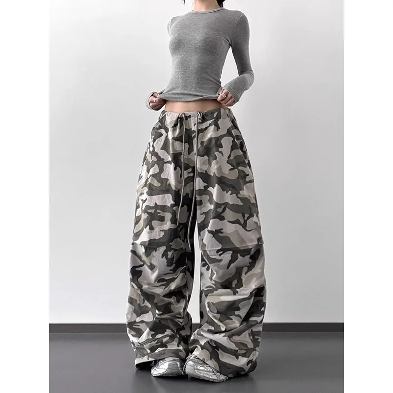 Summer Retro Camo High Waist Pants Loose Wide Leg Casual Trousers for Women Vintage Military Style