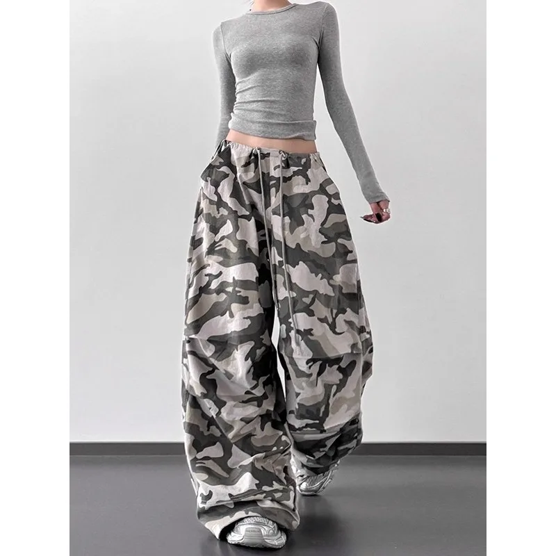 Summer Retro Camo High Waist Pants Loose Wide Leg Casual Trousers for Women Vintage Military Style
