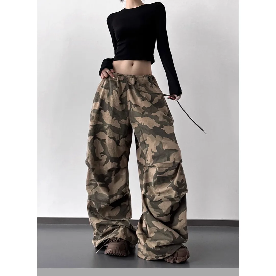 Summer Retro Camo High Waist Pants Loose Wide Leg Casual Trousers for Women Vintage Military Style