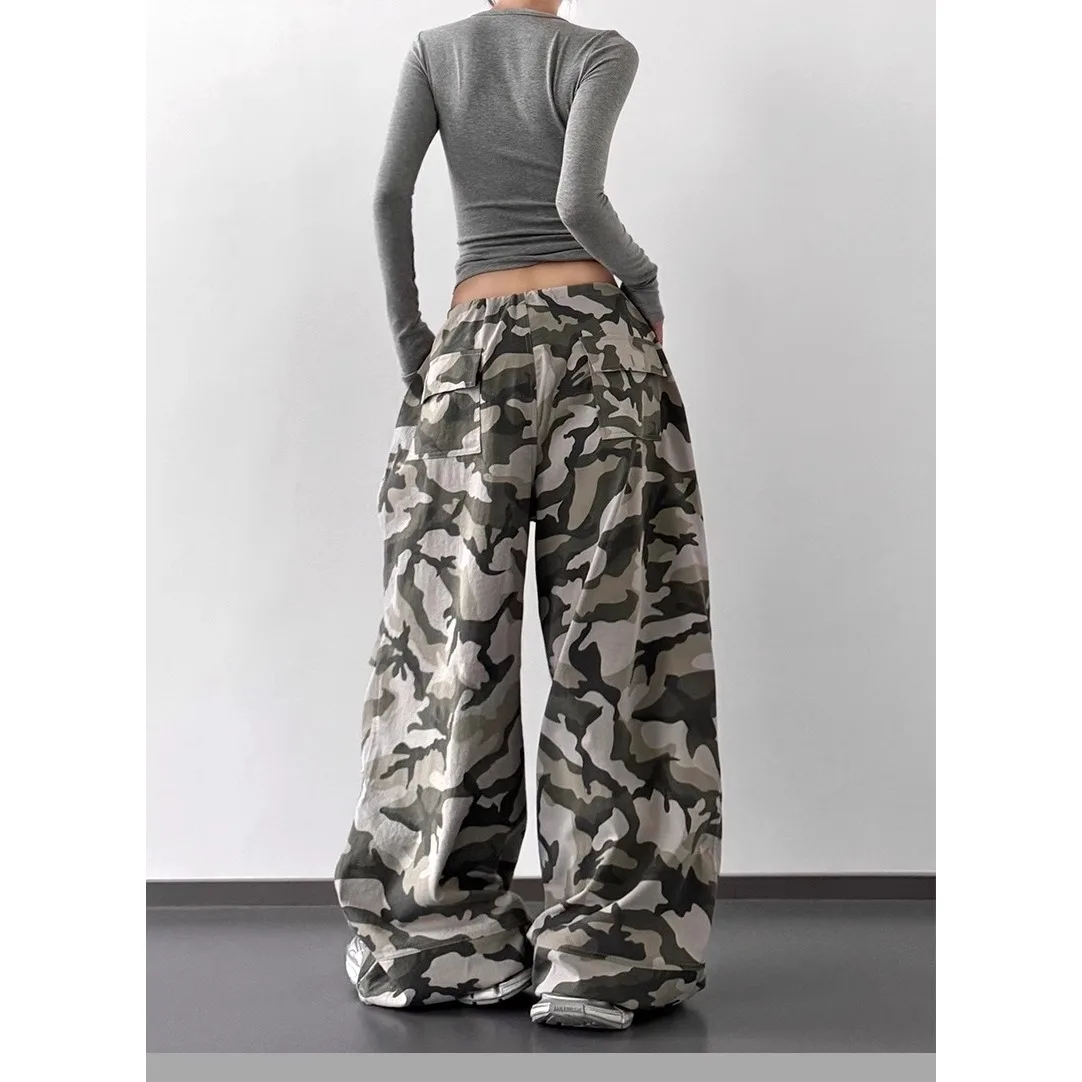 Summer Retro Camo High Waist Pants Loose Wide Leg Casual Trousers for Women Vintage Military Style