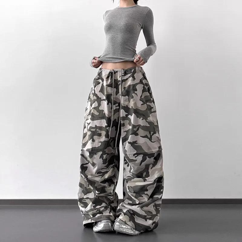 Summer Retro Camo High Waist Pants Loose Wide Leg Casual Trousers for Women Vintage Military Style