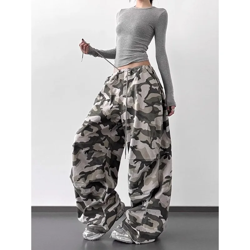 Summer Retro Camo High Waist Pants Loose Wide Leg Casual Trousers for Women Vintage Military Style