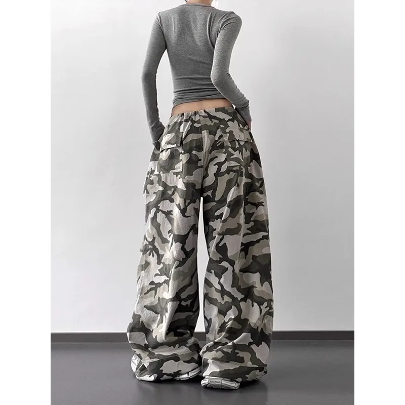 Summer Retro Camo High Waist Pants Loose Wide Leg Casual Trousers for Women Vintage Military Style