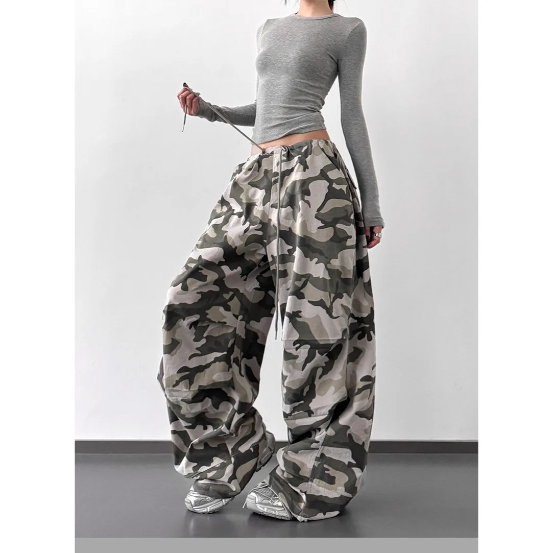 Summer Retro Camo High Waist Pants Loose Wide Leg Casual Trousers for Women Vintage Military Style