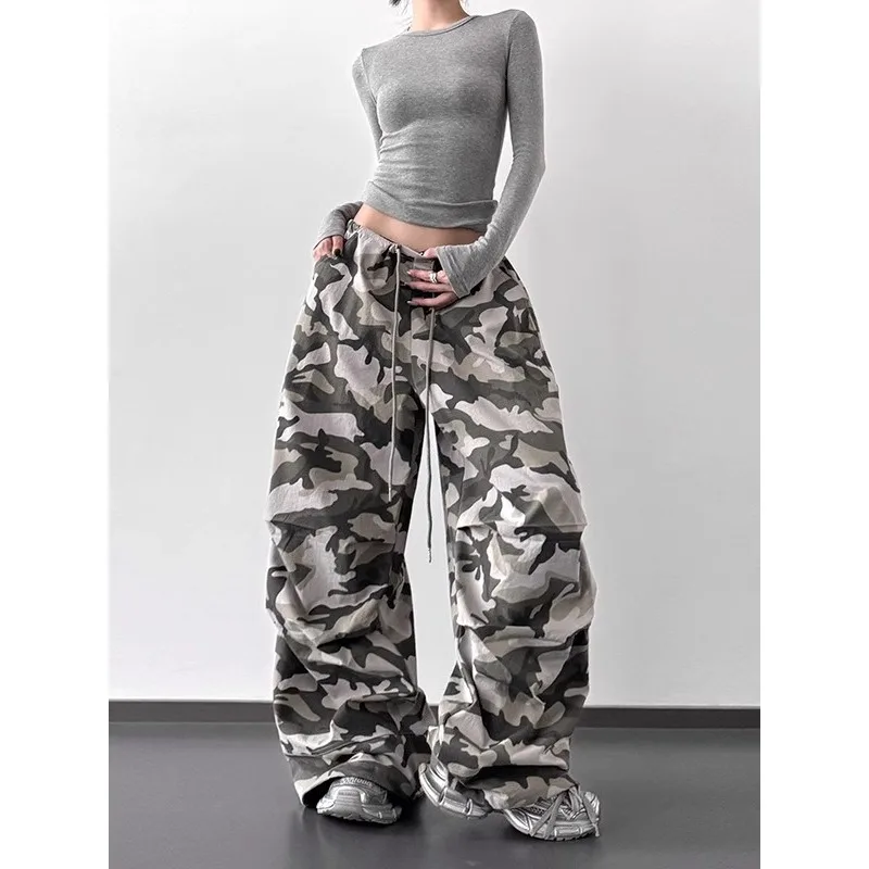 Summer Retro Camo High Waist Pants Loose Wide Leg Casual Trousers for Women Vintage Military Style
