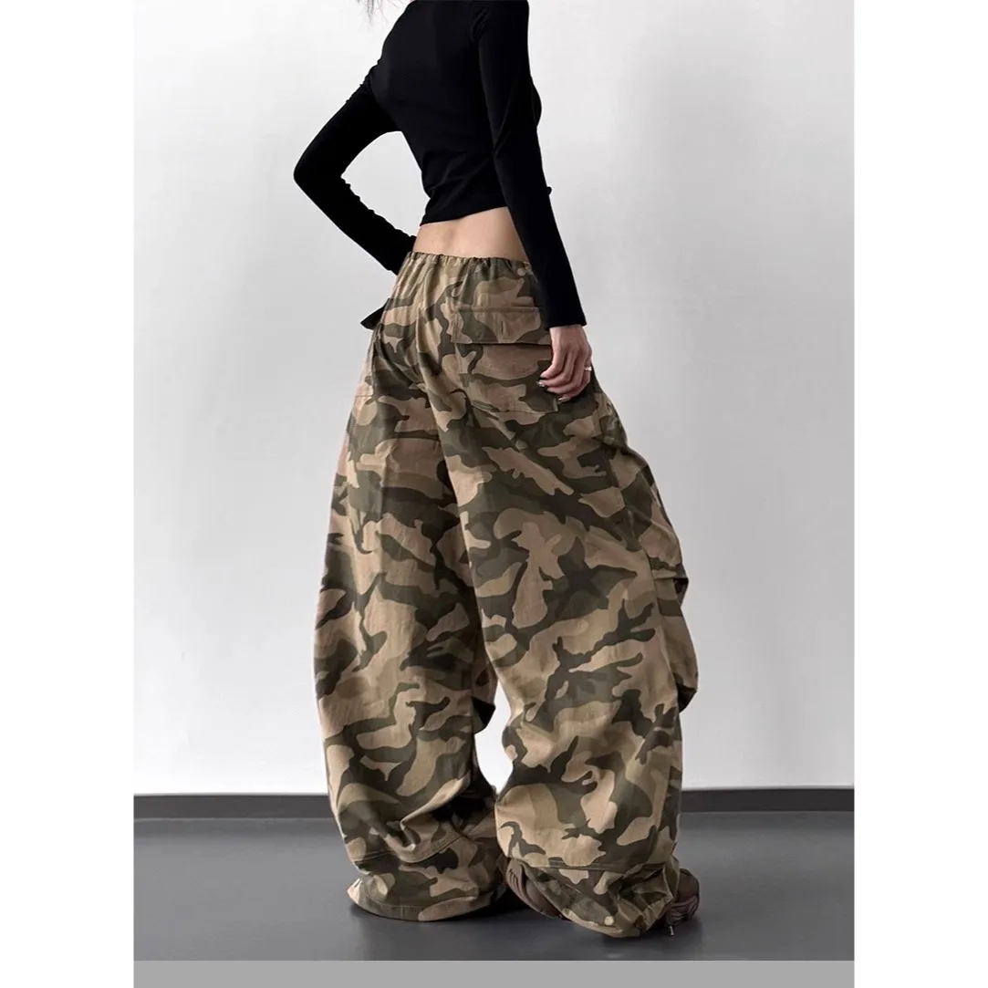 Summer Retro Camo High Waist Pants Loose Wide Leg Casual Trousers for Women Vintage Military Style