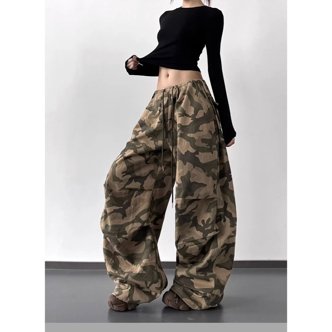 Summer Retro Camo High Waist Pants Loose Wide Leg Casual Trousers for Women Vintage Military Style