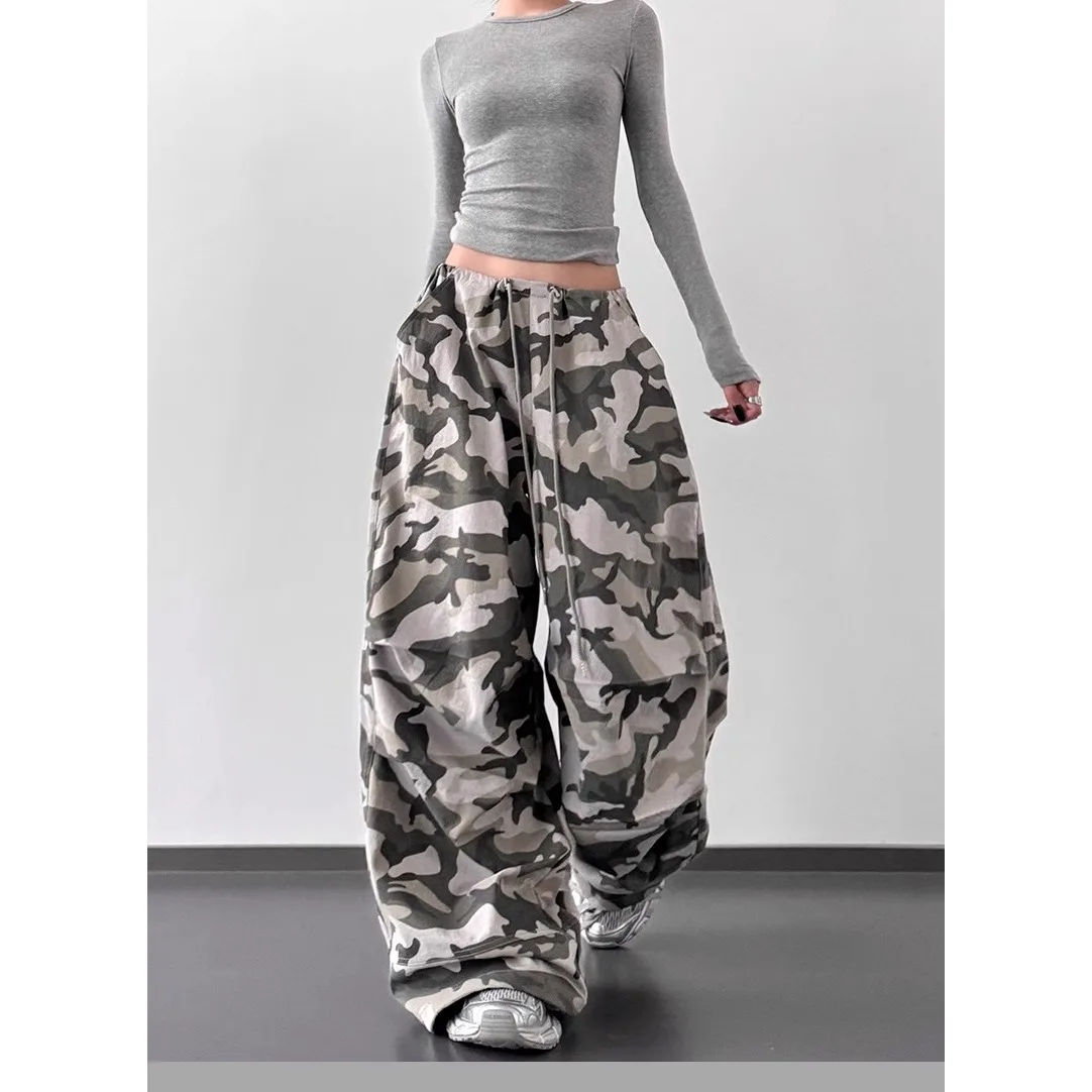 Summer Retro Camo High Waist Pants Loose Wide Leg Casual Trousers for Women Vintage Military Style