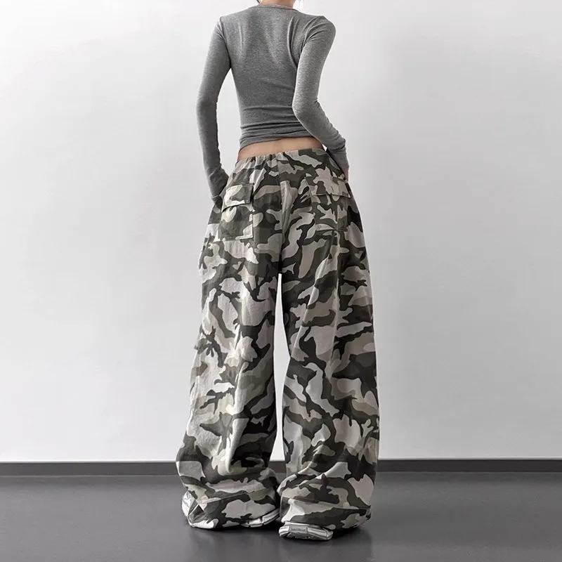 Summer Retro Camo High Waist Pants Loose Wide Leg Casual Trousers for Women Vintage Military Style