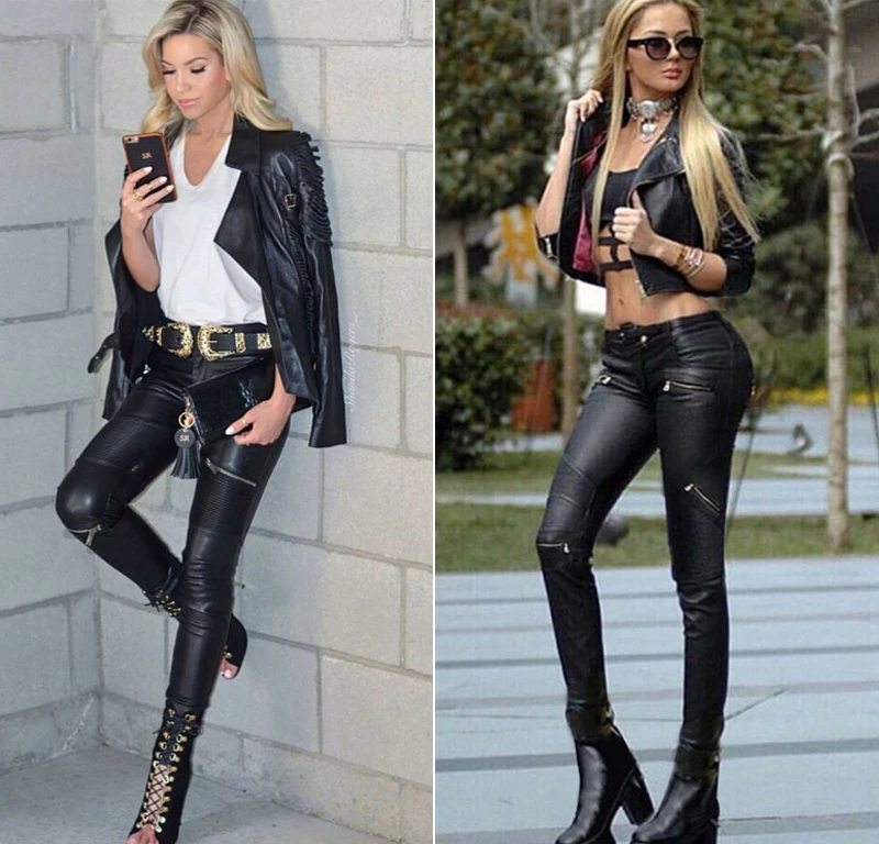 2026 winter Sexy Women Pu Leather Black Pants Zipper Stretch Bodycon Ruched Patchwork punk clothes Women Pencil Long Pants White