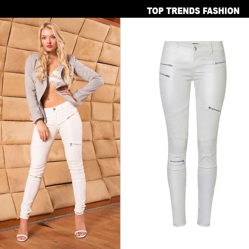 2026 winter Sexy Women Pu Leather Black Pants Zipper Stretch Bodycon Ruched Patchwork punk clothes Women Pencil Long Pants White