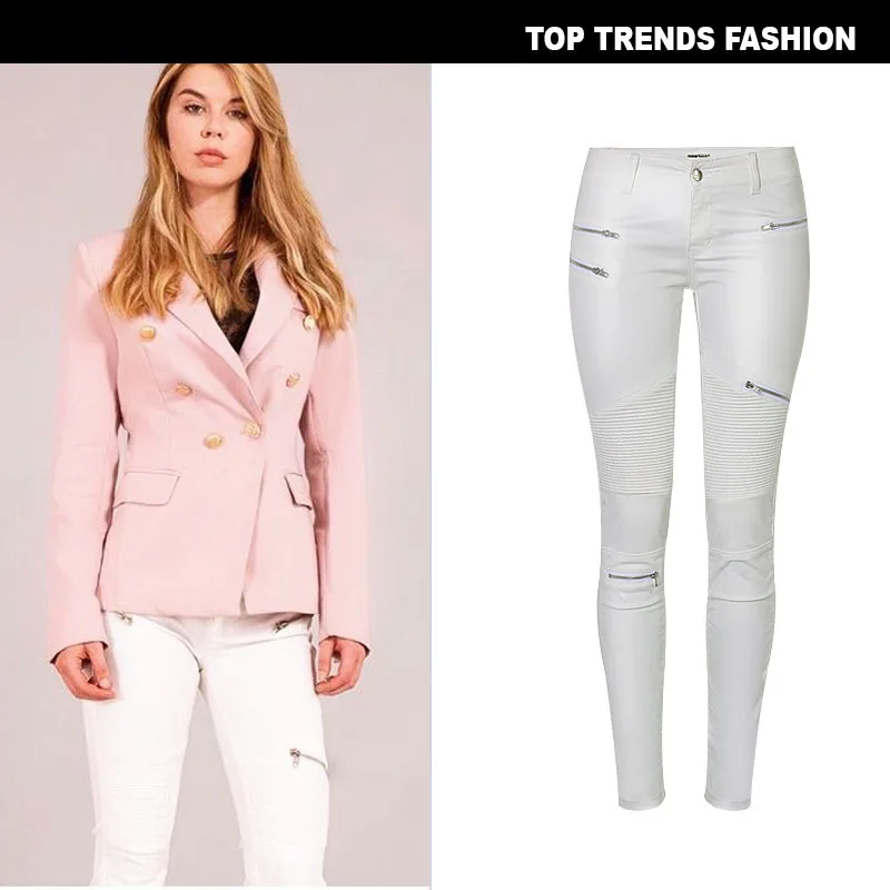 2026 winter Sexy Women Pu Leather Black Pants Zipper Stretch Bodycon Ruched Patchwork punk clothes Women Pencil Long Pants White