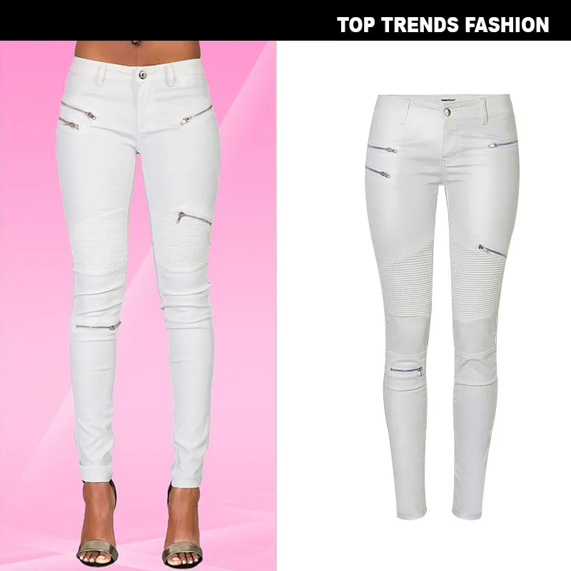 2026 winter Sexy Women Pu Leather Black Pants Zipper Stretch Bodycon Ruched Patchwork punk clothes Women Pencil Long Pants White