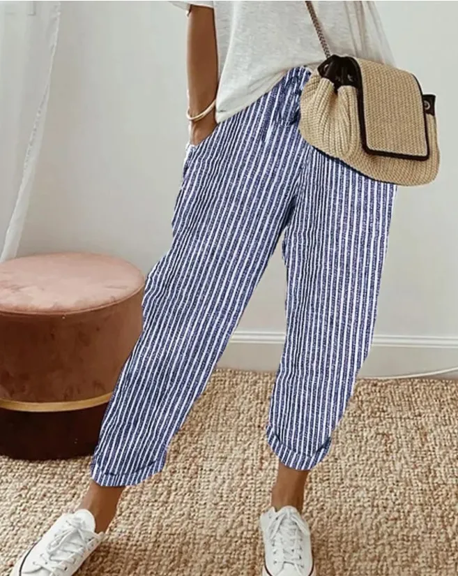 2025 New Women's Trousers Stripes Casual Loose Fashion Elastic Waist Pocket Straight Basic Pants