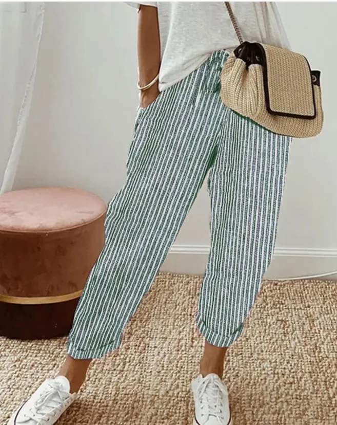 2025 New Women's Trousers Stripes Casual Loose Fashion Elastic Waist Pocket Straight Basic Pants