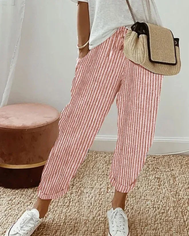 2025 New Women's Trousers Stripes Casual Loose Fashion Elastic Waist Pocket Straight Basic Pants