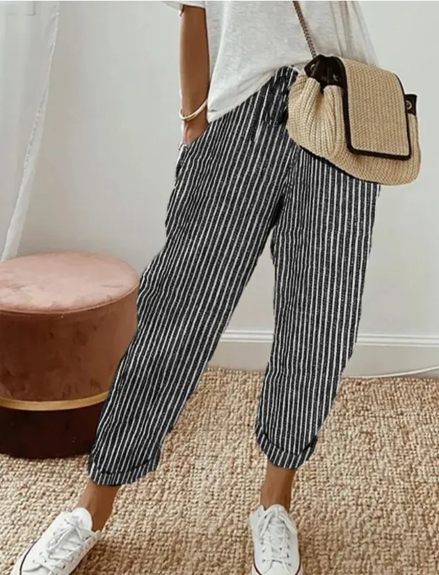 2025 New Women's Trousers Stripes Casual Loose Fashion Elastic Waist Pocket Straight Basic Pants
