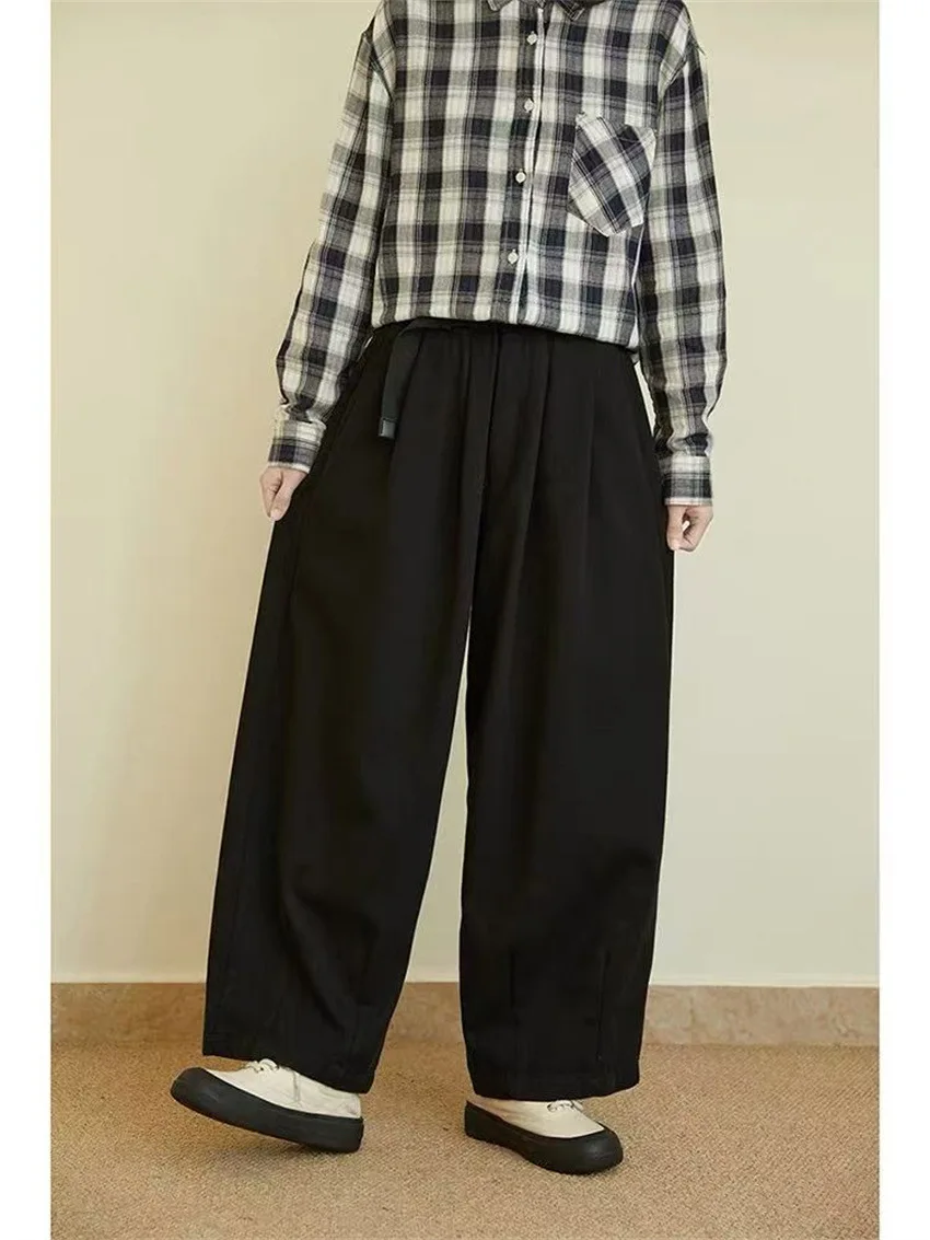 Johnature Loose Slouchy Retro Casual Pants Women New Fashion Wide-Leg Straight Cropped Japanese Pants