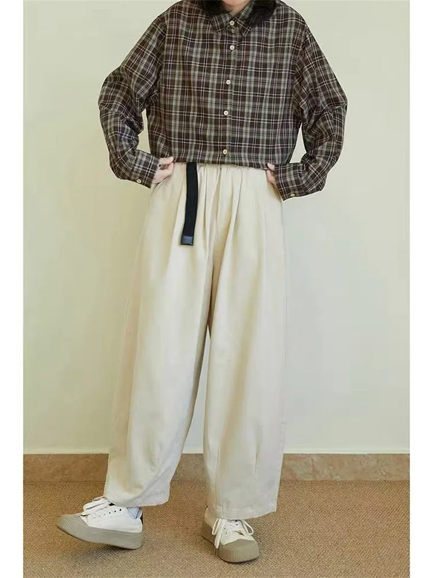 Johnature Loose Slouchy Retro Casual Pants Women New Fashion Wide-Leg Straight Cropped Japanese Pants