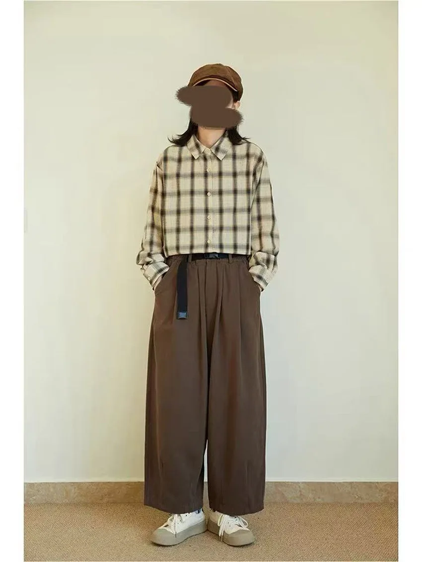 Johnature Loose Slouchy Retro Casual Pants Women New Fashion Wide-Leg Straight Cropped Japanese Pants
