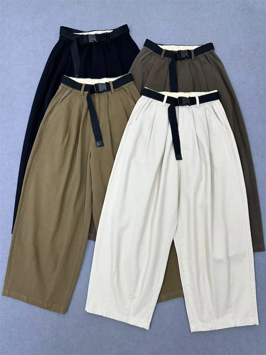 Johnature Loose Slouchy Retro Casual Pants Women New Fashion Wide-Leg Straight Cropped Japanese Pants