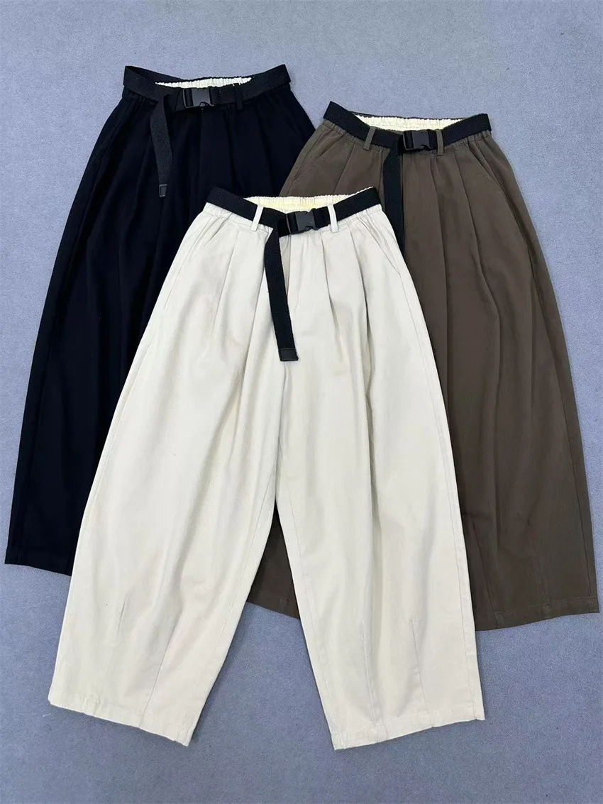 Johnature Loose Slouchy Retro Casual Pants Women New Fashion Wide-Leg Straight Cropped Japanese Pants