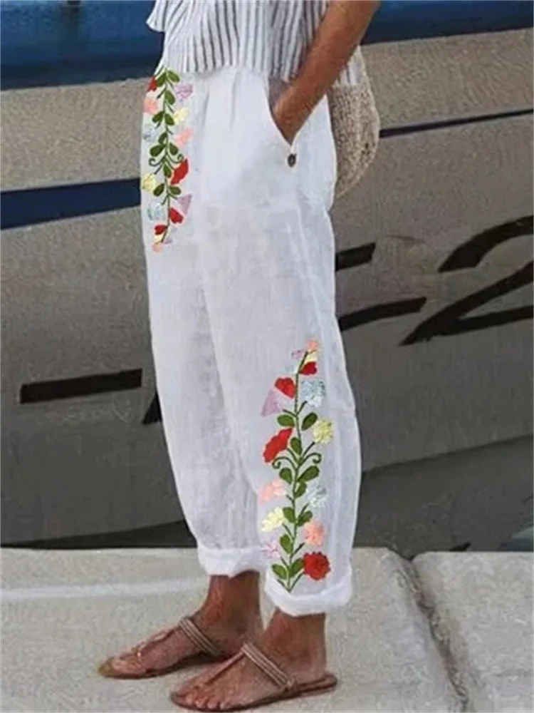 Cotton Linen Elegant New Spring Summer Women Pants Floral Print Pocket Pant Lady Casual Streetwear Trousers