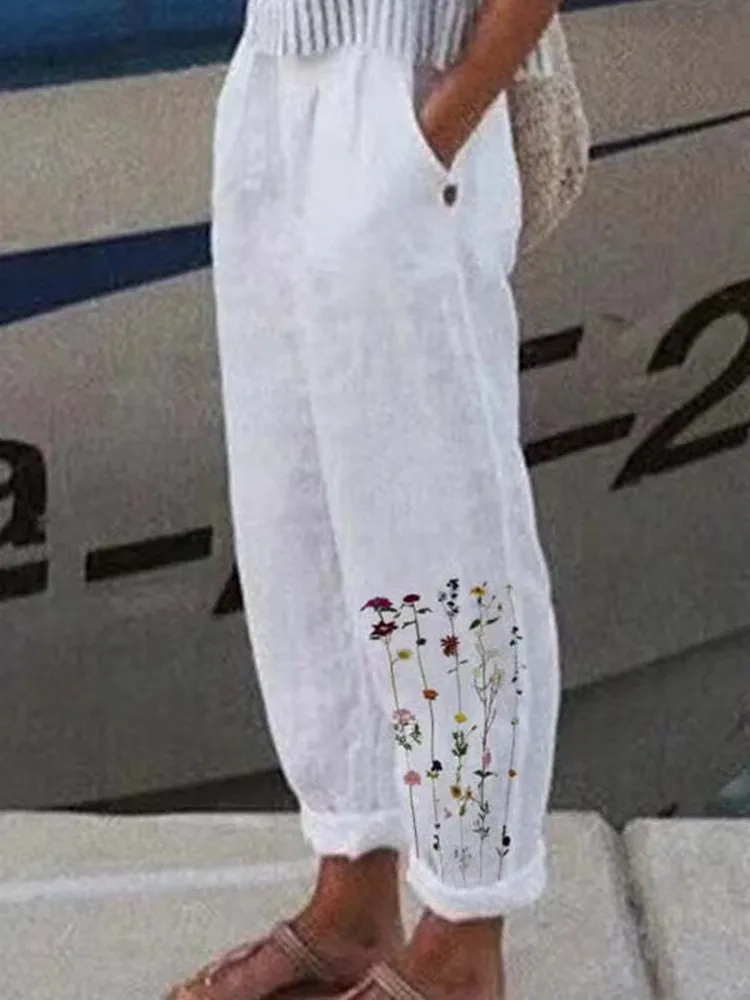 Cotton Linen Elegant New Spring Summer Women Pants Floral Print Pocket Pant Lady Casual Streetwear Trousers