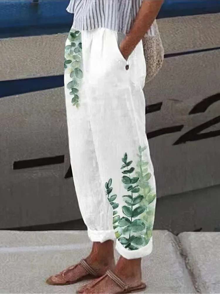 Cotton Linen Elegant New Spring Summer Women Pants Floral Print Pocket Pant Lady Casual Streetwear Trousers