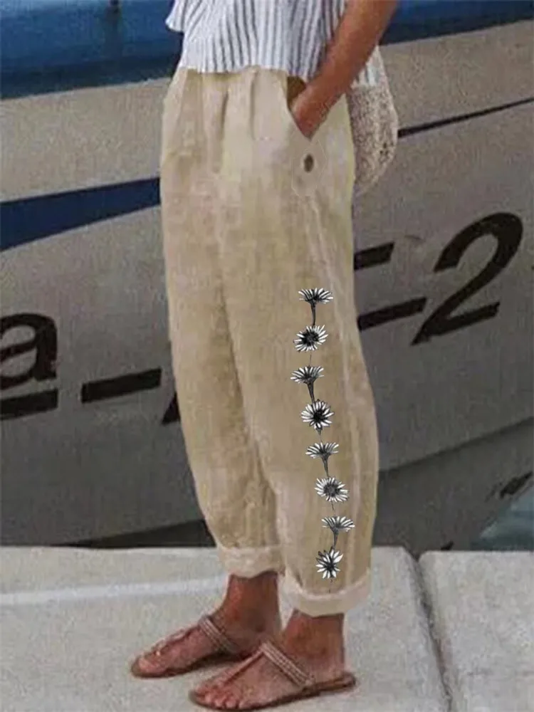 Cotton Linen Elegant New Spring Summer Women Pants Floral Print Pocket Pant Lady Casual Streetwear Trousers
