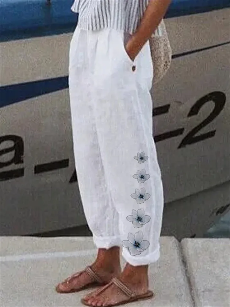 Cotton Linen Elegant New Spring Summer Women Pants Floral Print Pocket Pant Lady Casual Streetwear Trousers