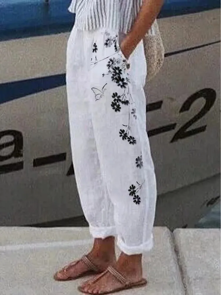 Cotton Linen Elegant New Spring Summer Women Pants Floral Print Pocket Pant Lady Casual Streetwear Trousers