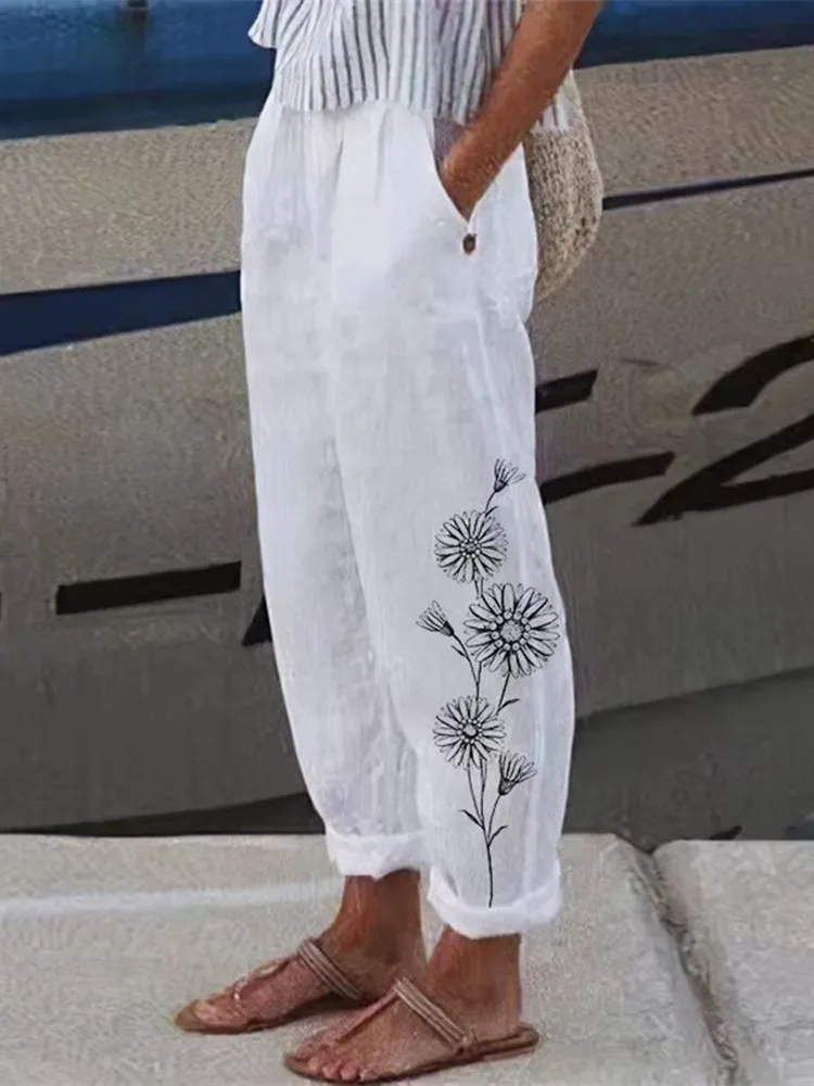 Cotton Linen Elegant New Spring Summer Women Pants Floral Print Pocket Pant Lady Casual Streetwear Trousers