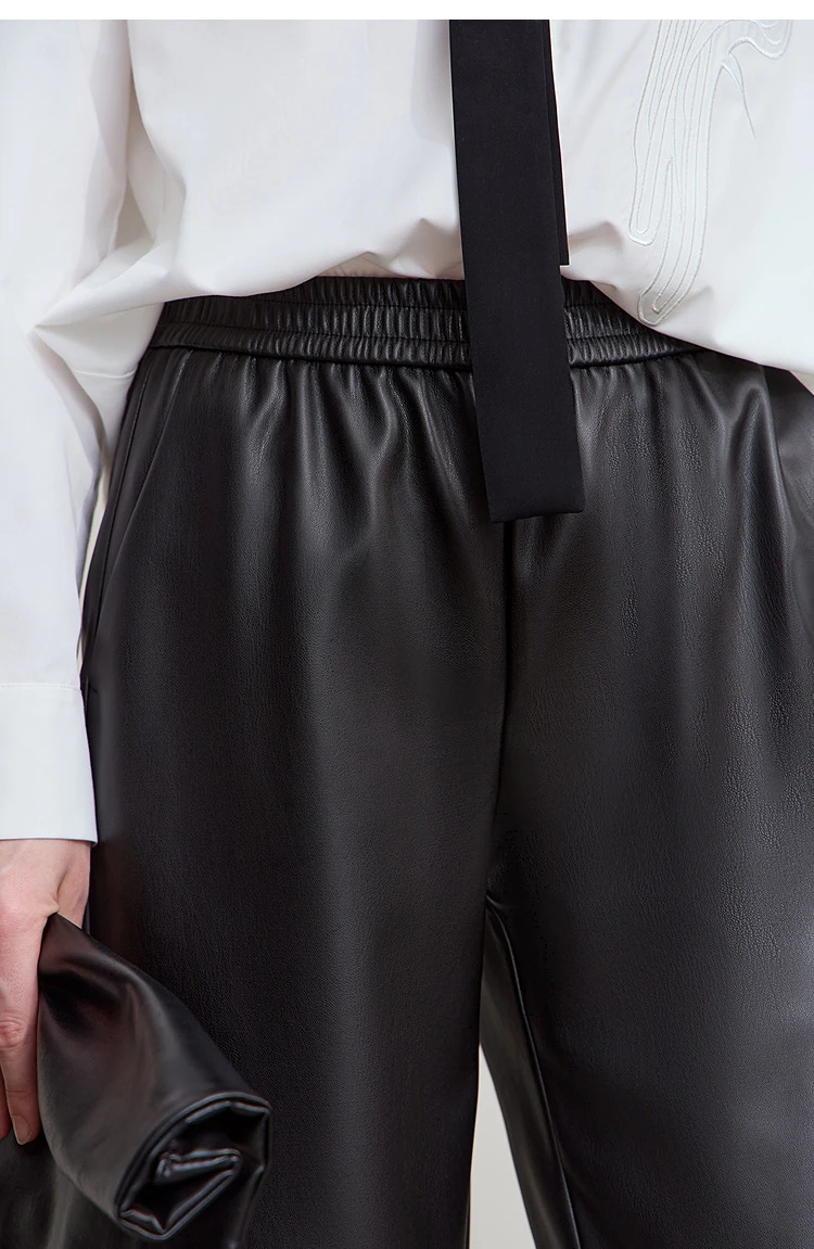 AMII Minimalist Women's Casual Pants 2026 Autumn Streetwear Loose Fit Black Pants Ankle-Length PU Leather Lady Trousers 12523102