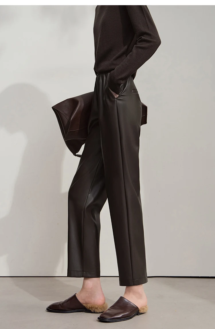 AMII Minimalist Women's Casual Pants 2026 Autumn Streetwear Loose Fit Black Pants Ankle-Length PU Leather Lady Trousers 12523102