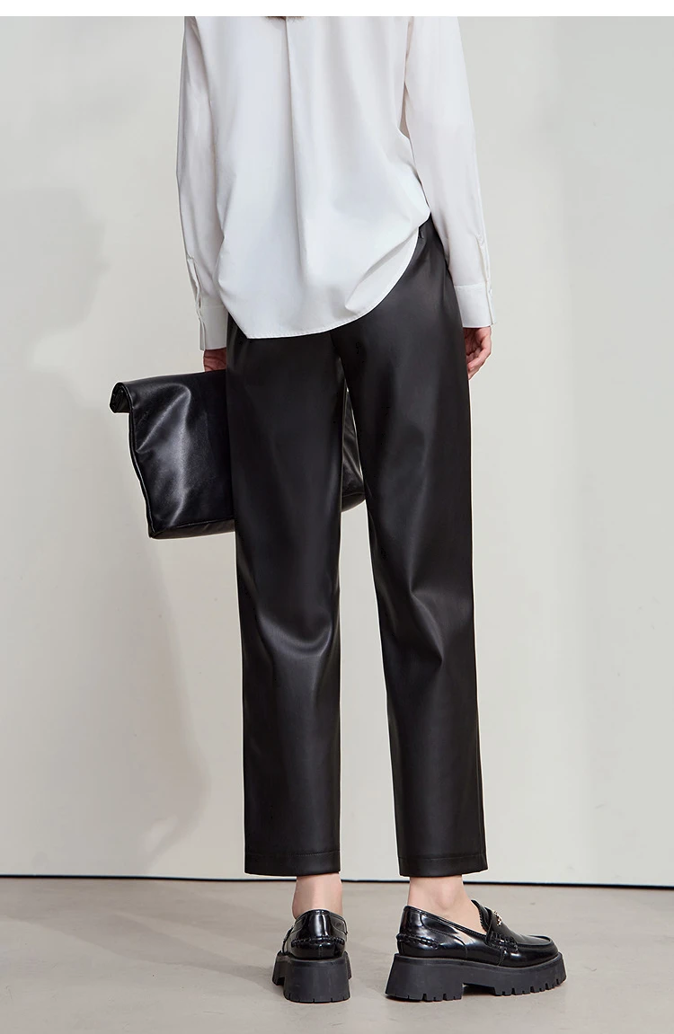 AMII Minimalist Women's Casual Pants 2026 Autumn Streetwear Loose Fit Black Pants Ankle-Length PU Leather Lady Trousers 12523102